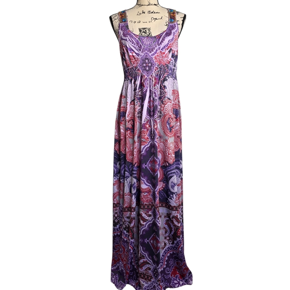 One World Purple Paisley Embellished Maxi Dress Size M Boho Y2k